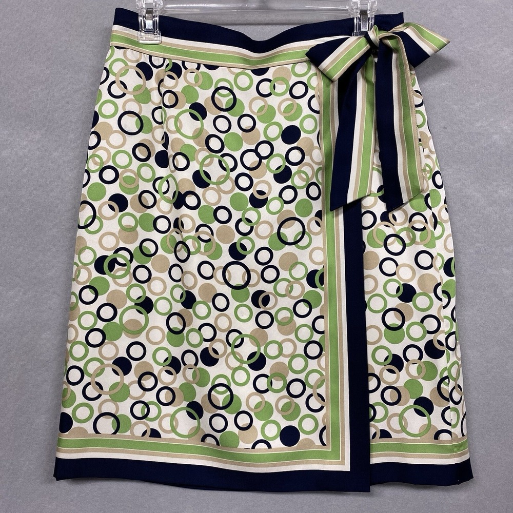 Talbots Women 8P Wrap Skirt Green Navy Silk Polka Dot Retro Y2K Office